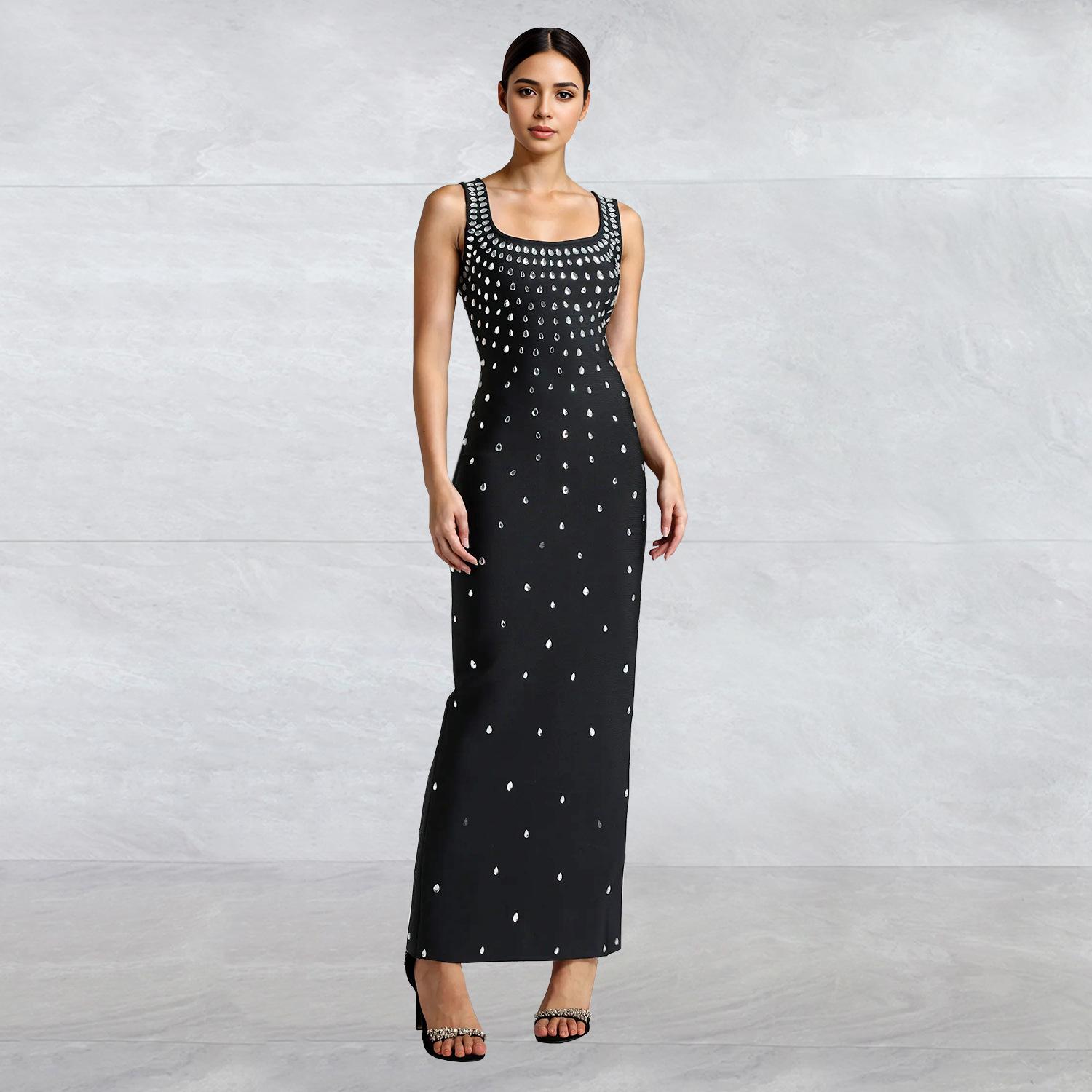 Rhinestone U-neck Sleeveless Sheath Tight Dress