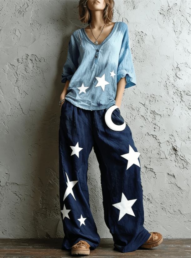 Bohemian-style Loose Top With Star And Moon Print - Wide-leg Pants Two-piece Set