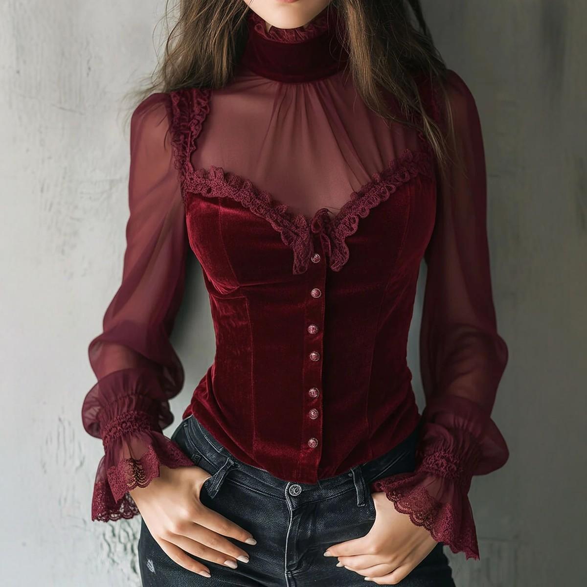 Mesh-panel Black Lace Top With Hollow-out Floral Trim