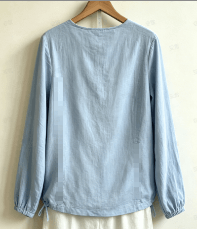 Light Blue Textured Round Neck Half Open Button Drawstring Waist Cinched Long Sleeved Cotton And Linen Top