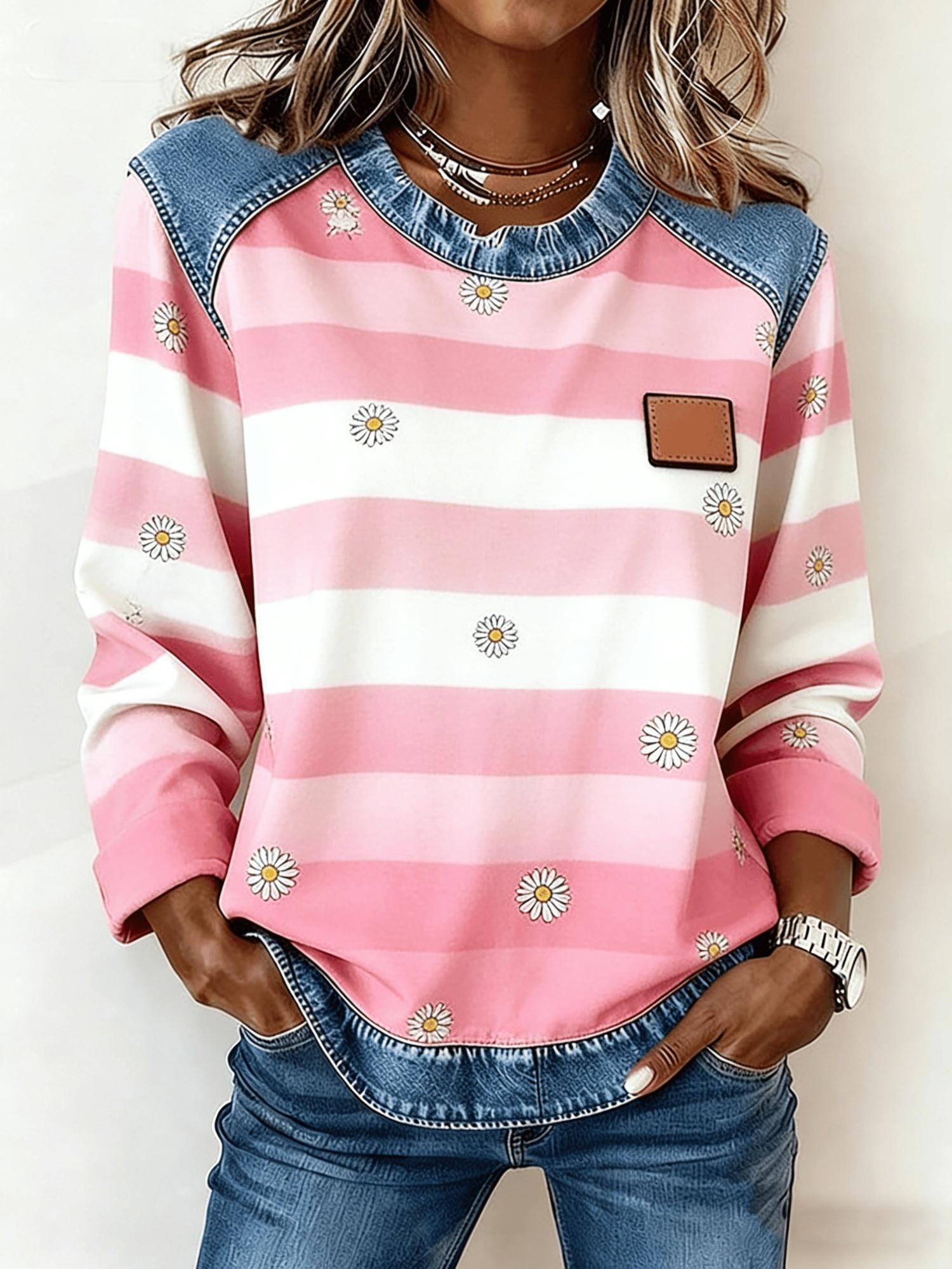 Casual Round Neck Color-blocked Printed Long-sleeved Loose Top