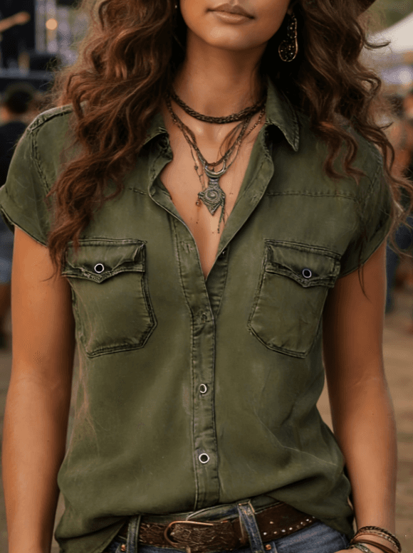 Retro Workwear Style Multi-pocket Women's Top
