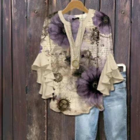New Printed European And American Leisure Collar Lotus Edge Loose Women's Wear T-Shirt