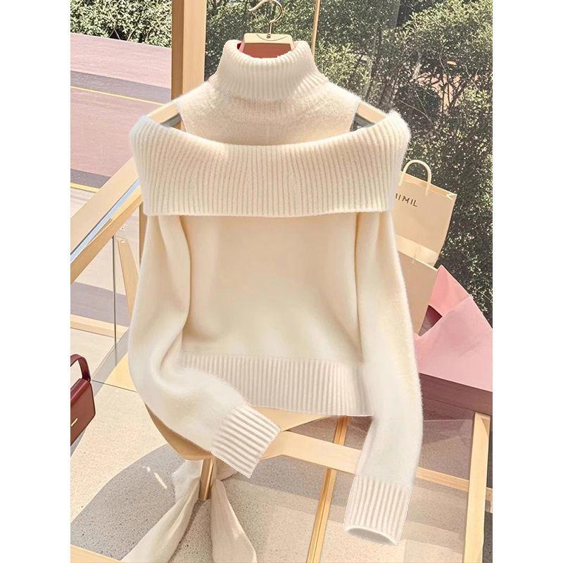 Soft Glutinous Idle Style Off-the-shoulder Bulky Turtleneck In Apricot Sweater