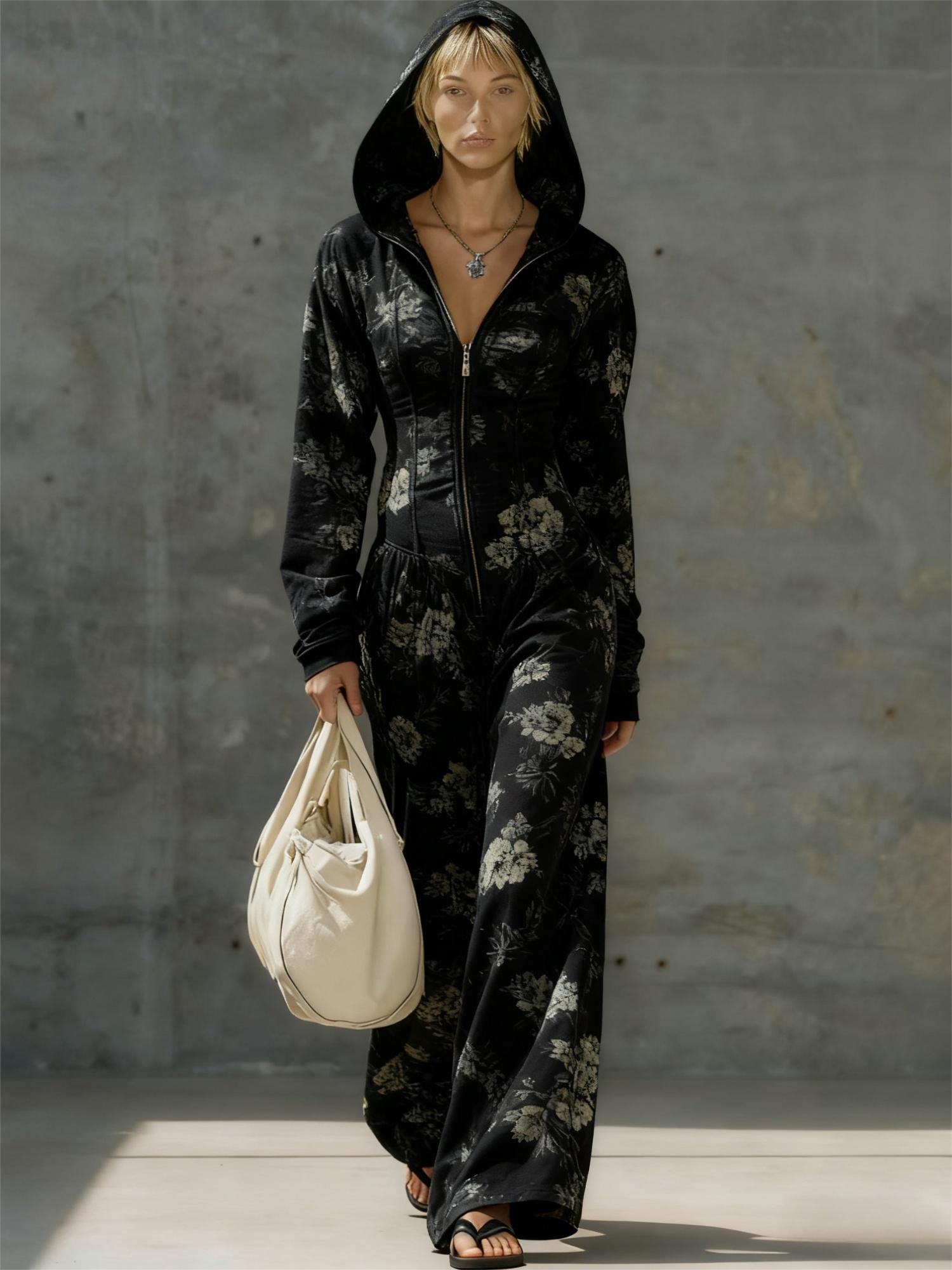 Printed Casual Hooded Zip-up Slim-fit Long Jumpsuit