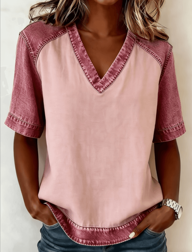 Color-blocked V-neck Raglan Sleeve T-shirt For Women, Loose Fit, Casual And Versatile Short Sleeve.
