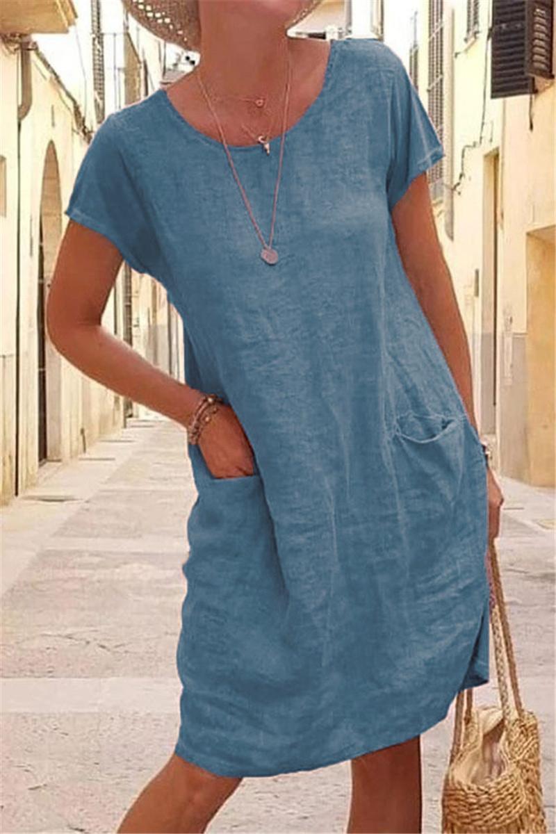 2026 Independent Site Wish New Summer Loose Solid Color Pocket Short-Sleeve Round-Neck  Dress For Women