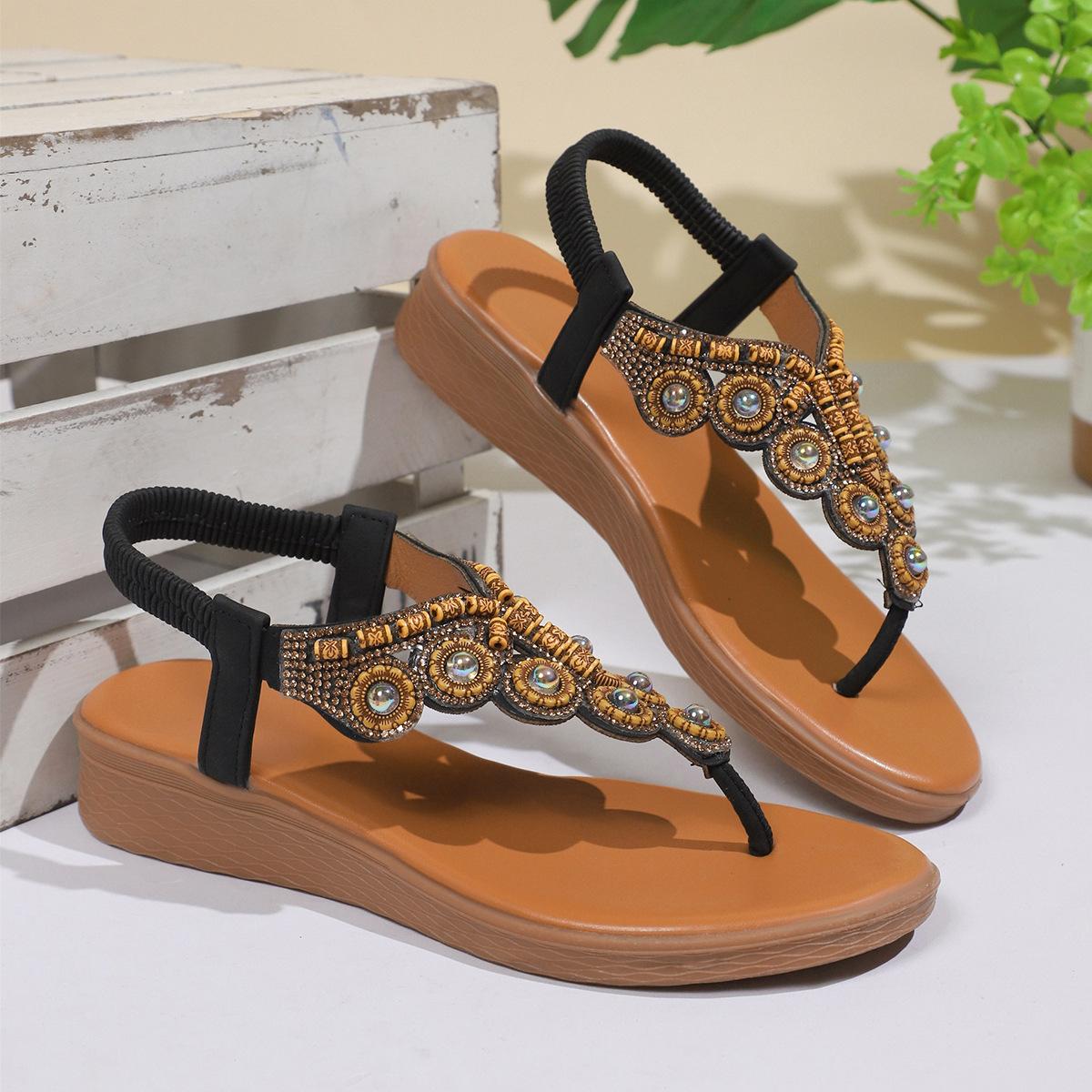 Bohemian-style Flip-flops With Beaded Rhinestone Buckles Elastic Design