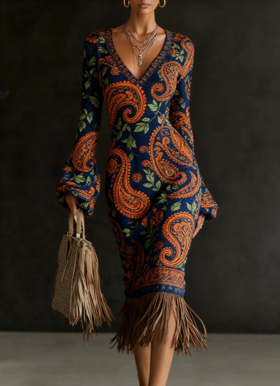 Tassel-decorated V-neck Bell Sleeve Casual Dress