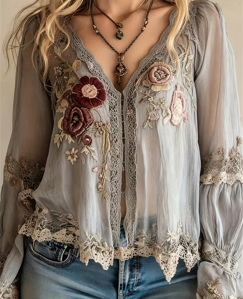 Floral Embroidered Lace Casual V-neck Long-sleeved Top