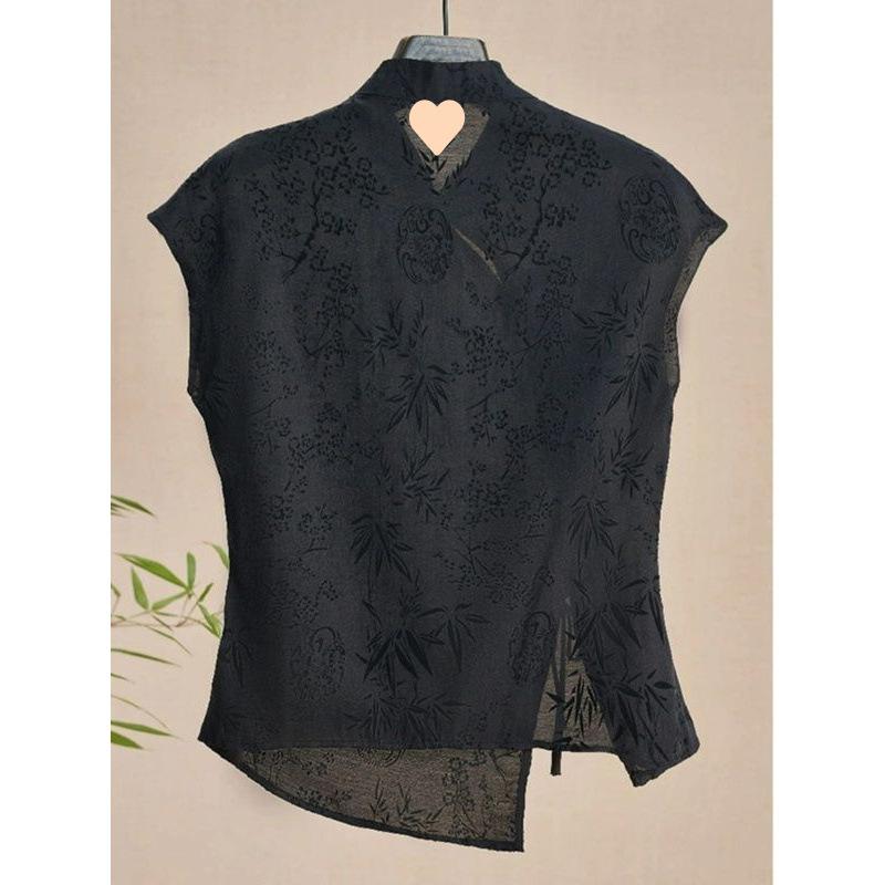Women's Retro Frog-Button Slant-Collar Black Jacquard Short-Sleeve Shirt