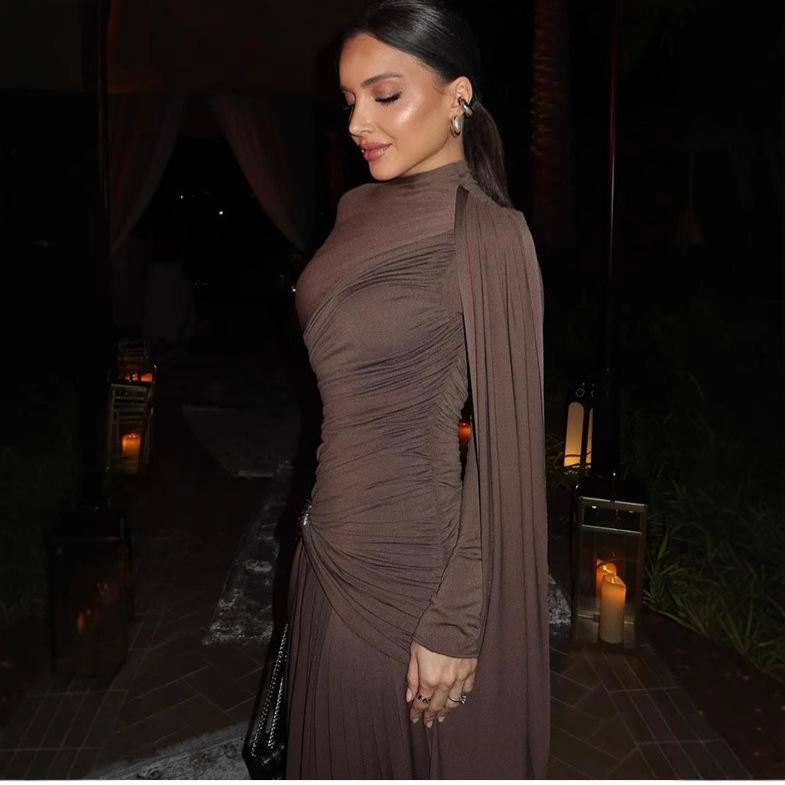 Solid Color Slim Fit Pleated Long Sleeve Dress