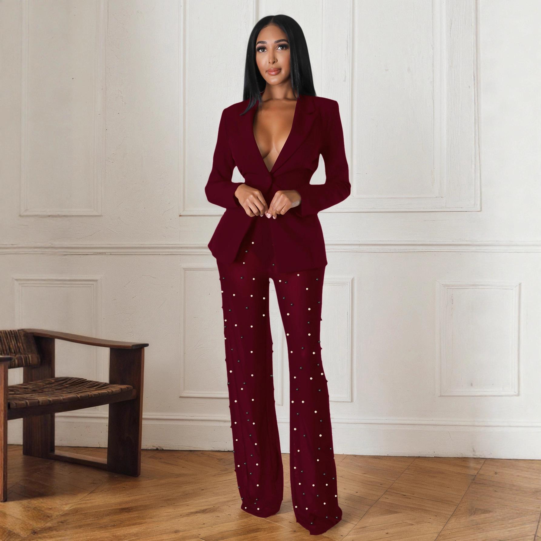 Buttoned Blazer And Beaded Pants Two-Piece Set