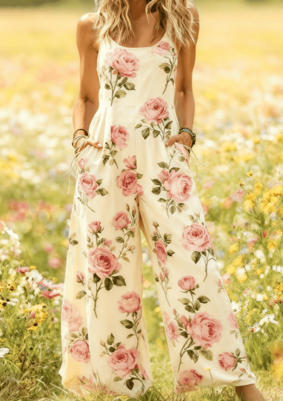 Women's American Retro Print Strappy Wide-Leg Jumpsuit