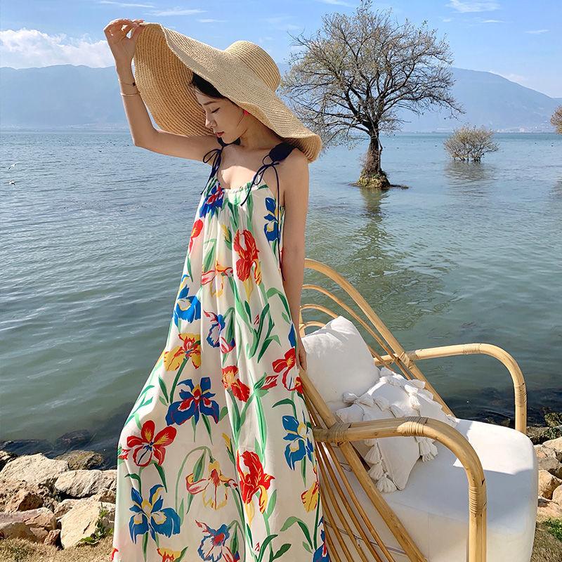 Printing Slip Dress Seaside Vacation Beach Women