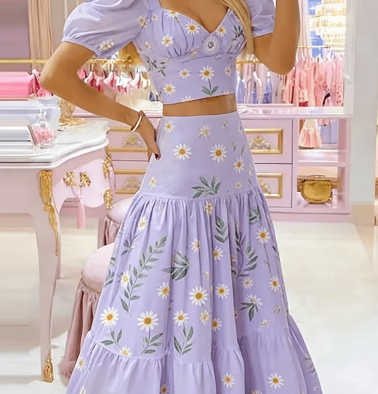Sweet Floral Print Puff Sleeve Cropped Top  High-waisted Maxi Skirt Two-piece Set For Women.