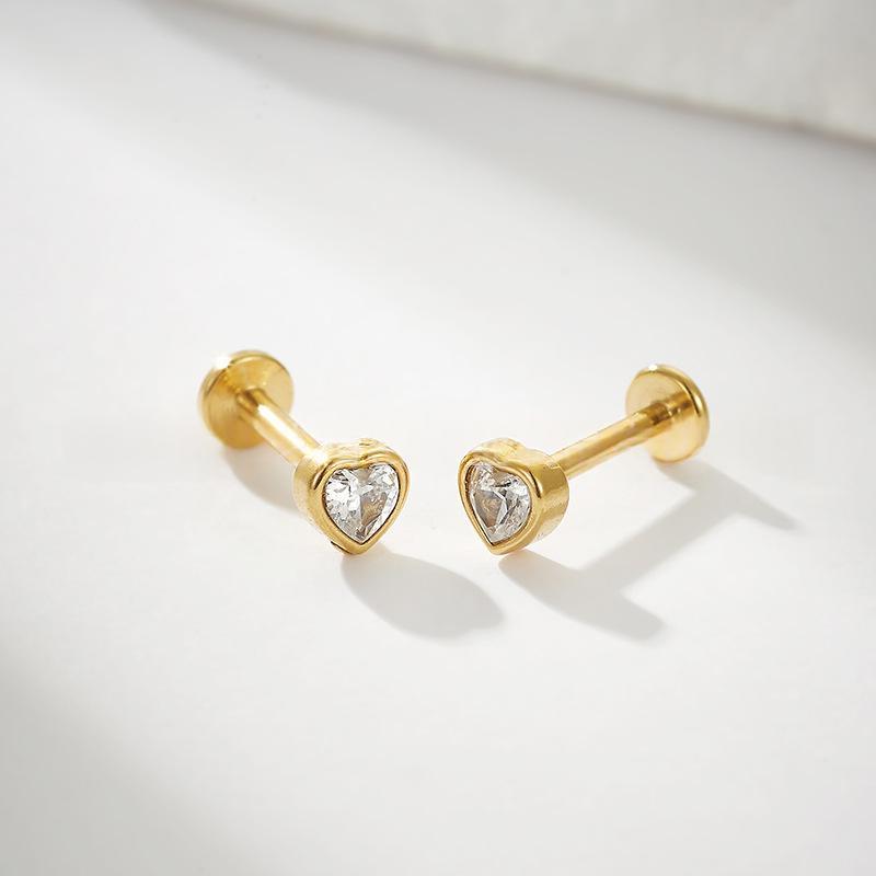 Stainless Steel Fashionable Peach-Heart Zircon Lip Stud