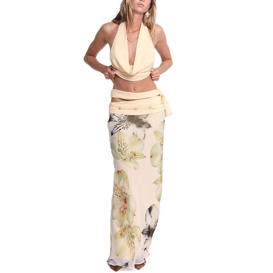 Women's Sexy Backless Halter Top Slim-fit Printed Long Dress Two-piece Suit