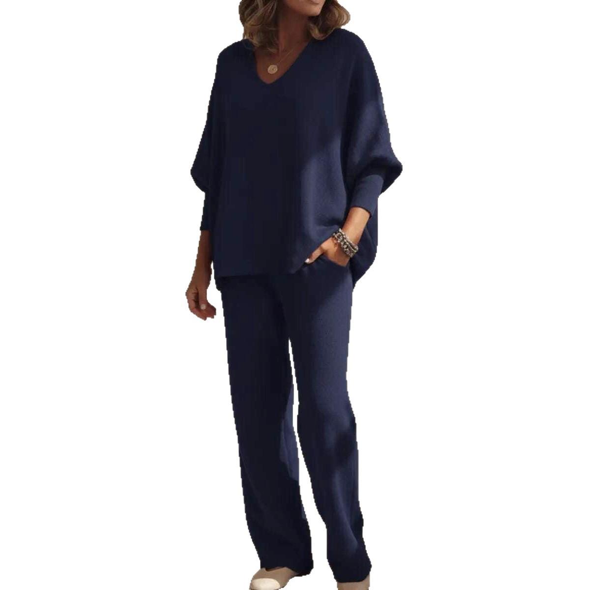 V-neck Long-sleeved Top Knitted Home Pants Suit 2-piece Set