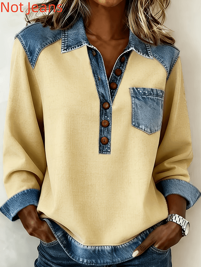 Denim Patchwork Collar Button-down Casual Long-sleeved Top