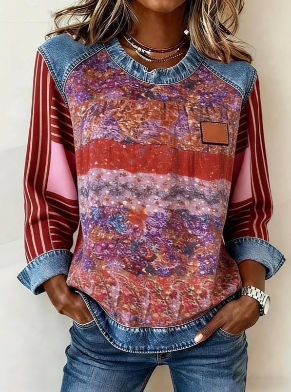 Casual Round Neck Color-blocked Printed Long-sleeved Loose Top