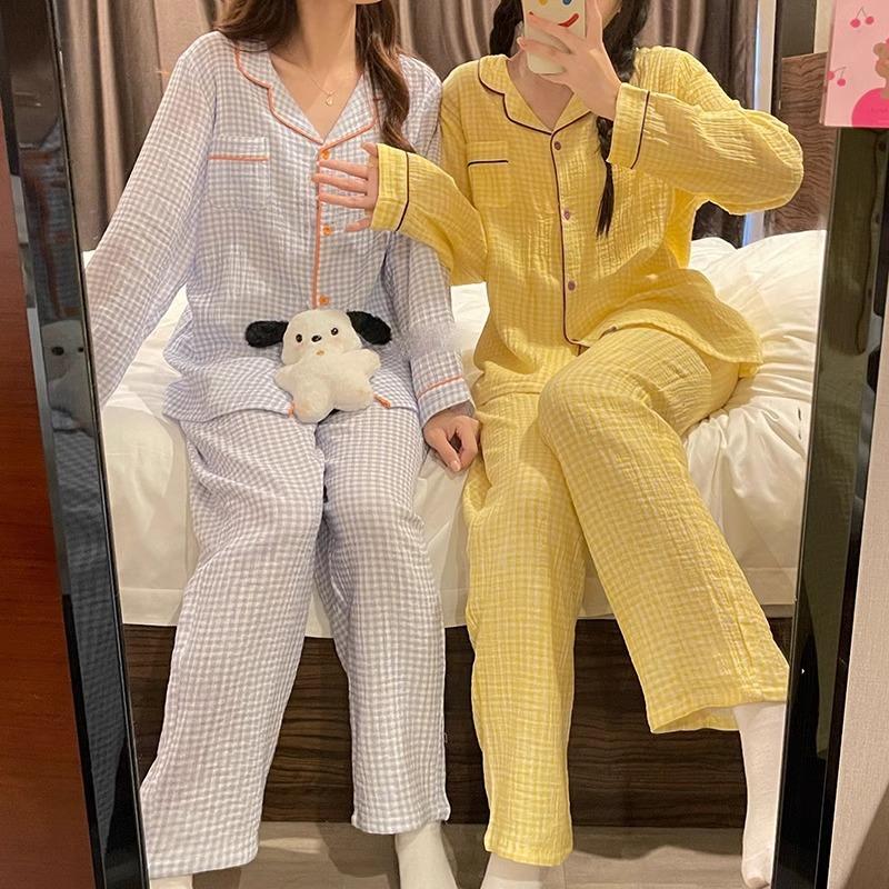 Yellow Plaid Long Sleeve Couple Simple Homewear Suit