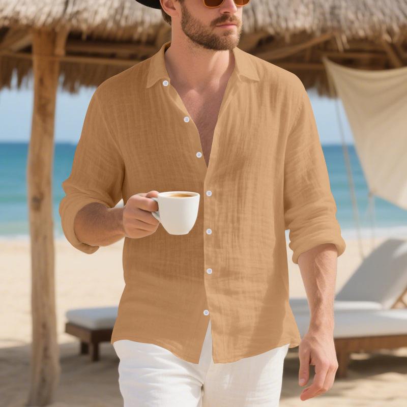 Plus-size Mens Linen American-style Loose-fit Hawaiian Casual Long-sleeve Shirt