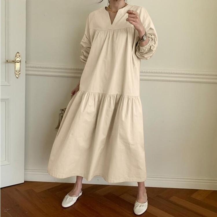 National Style Retro Cotton And Linen V-neck Shirt Sleeve Length Large Swing Dress