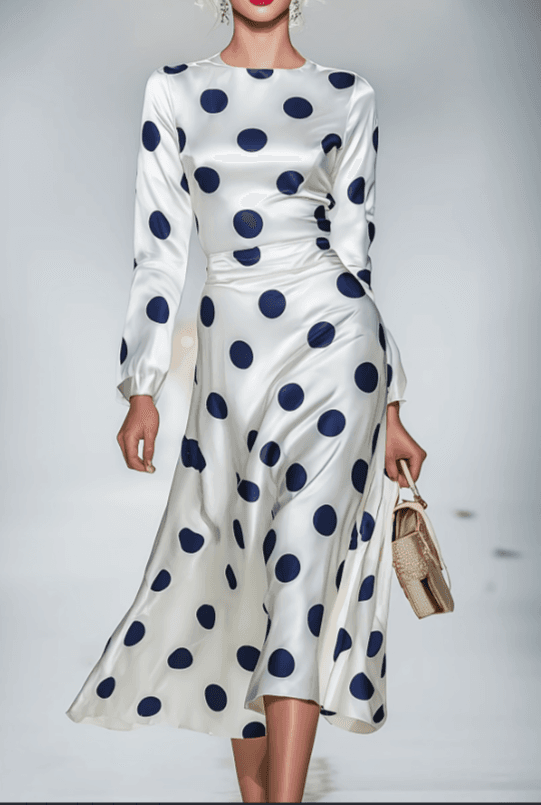Retro Polka Dot Seductive Satin Waist Cinched Umbrella Swing Dress