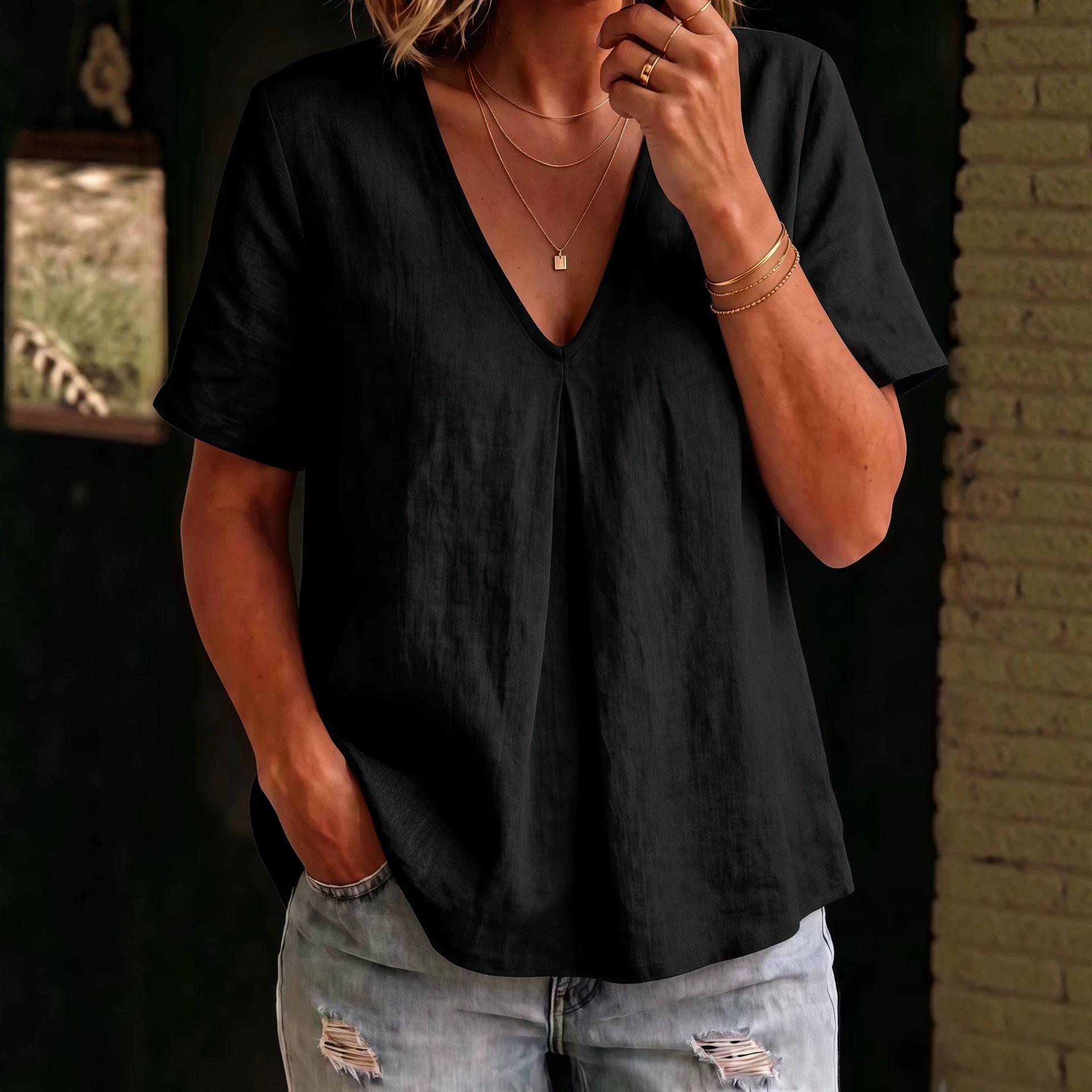 Women's Solid-Color Pleated Cotton-Linen Short-Sleeve Shirt T-Shirt