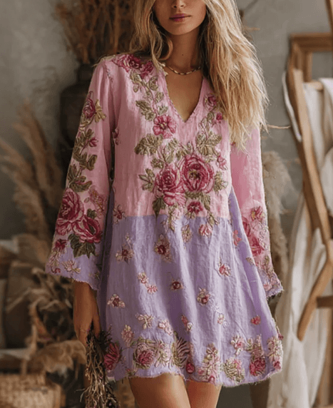 Color-blocked Rose Embroidered Casual V-neck Long-sleeved Short Dress