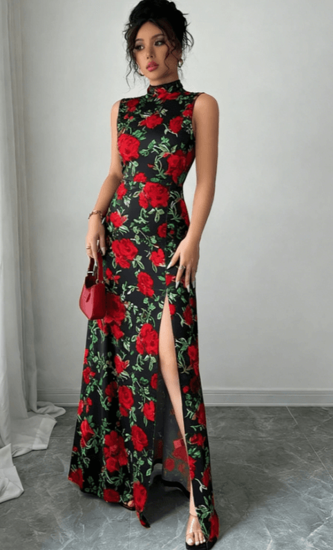 Printed Stand-up Collar Sleeveless Slim-fit Slit Maxi Dress For Women