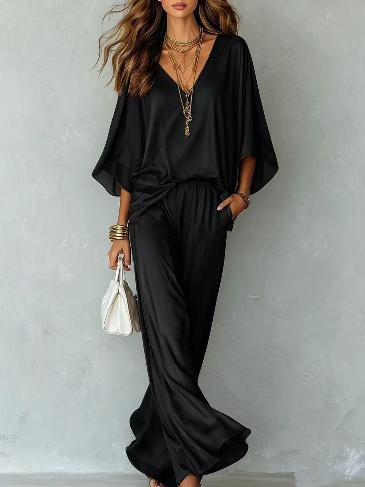 Solid-color Casual Batwing-sleeve Set With Wide-leg Pants