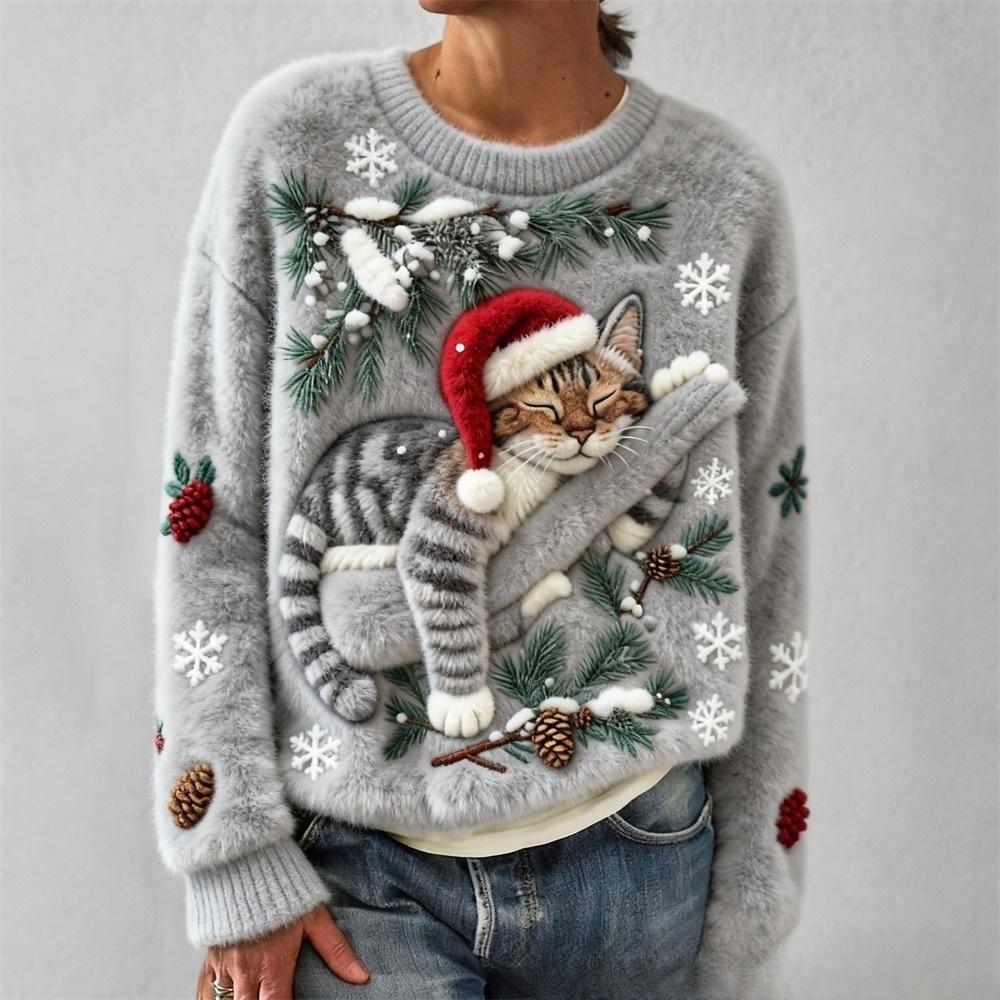 3D Digital Printed Flannel Christmas Women's Round Neck Sweatshirt