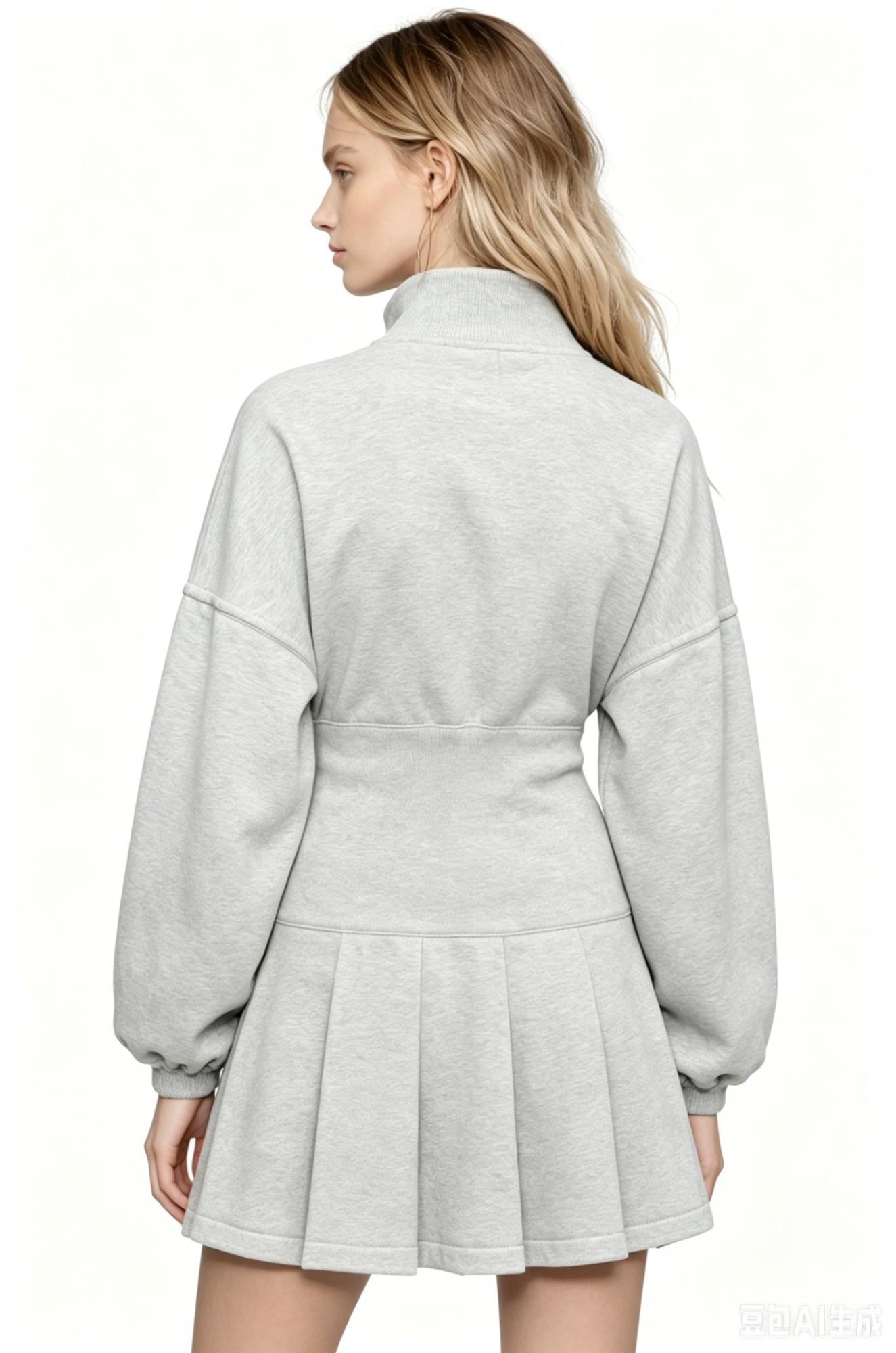 Gray Half-zip Waist-cinching Pleated Hoodie Dress