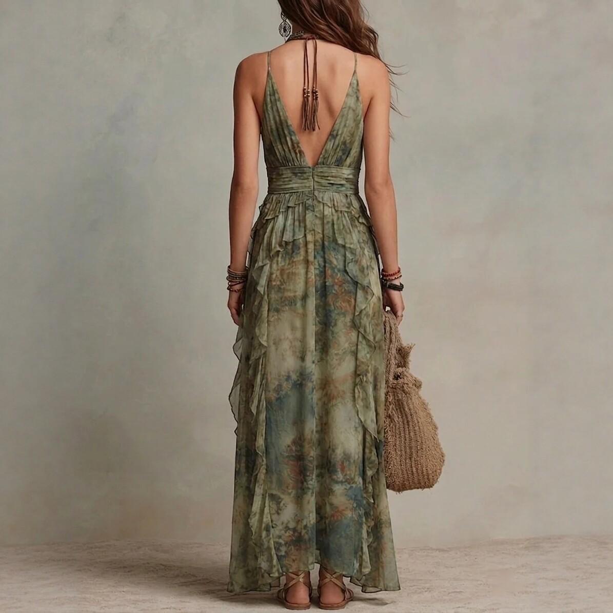 Womens Floral Halterneck V-Neck Sleeveless Dress