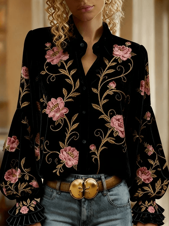 Casual Stand-up Collar Floral Print Puff Sleeve Long-sleeved Shirt