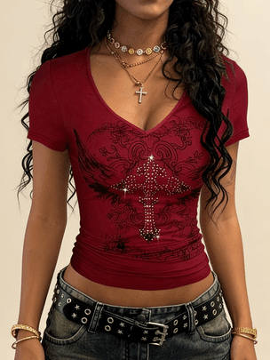 Women's Y2K Retro Cross Pattern V-Neck Slim Fit Short-Sleeve T-Shirt