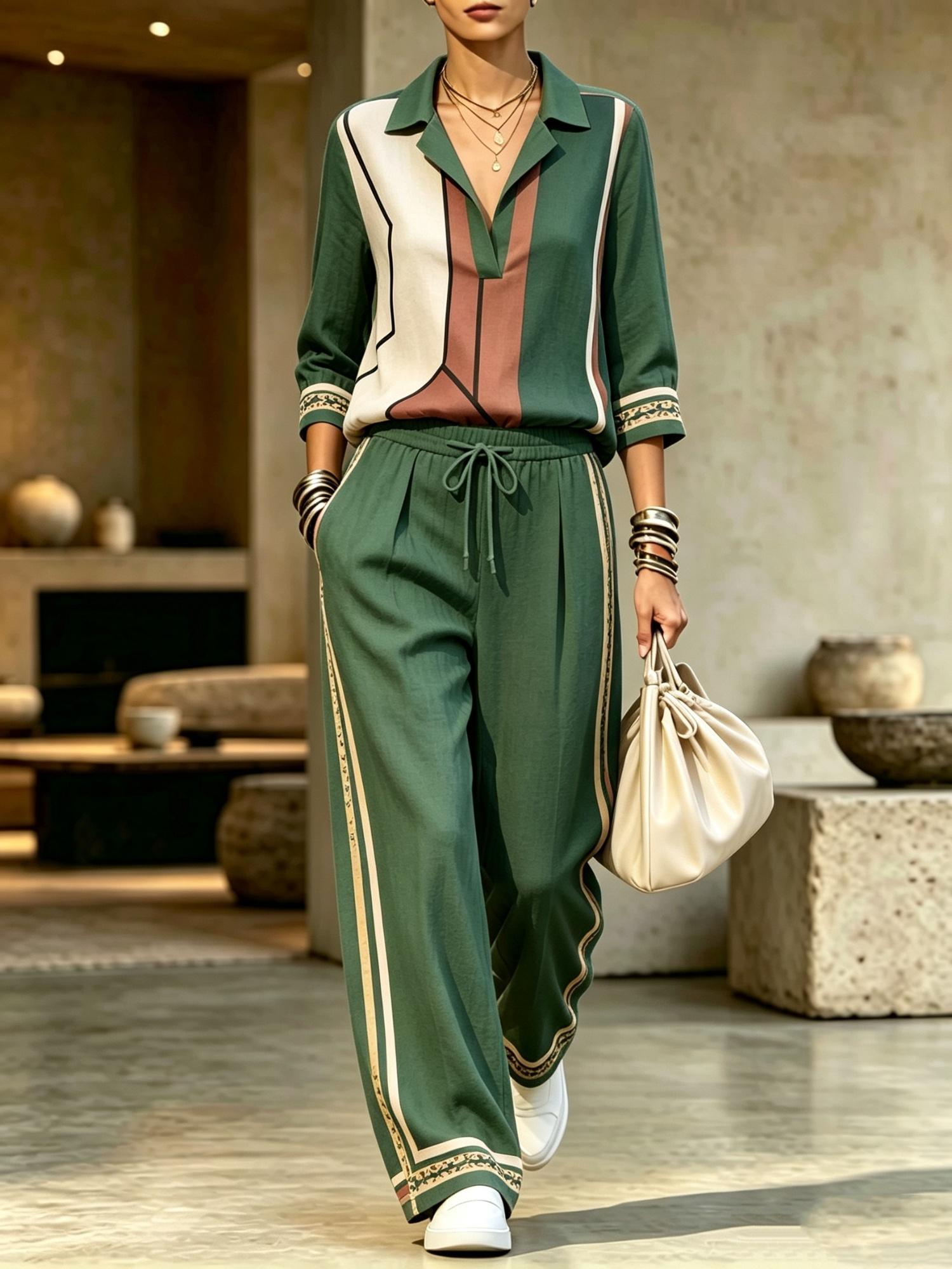 Womens Summer Lapel-Neck Cropped-Sleeve Set