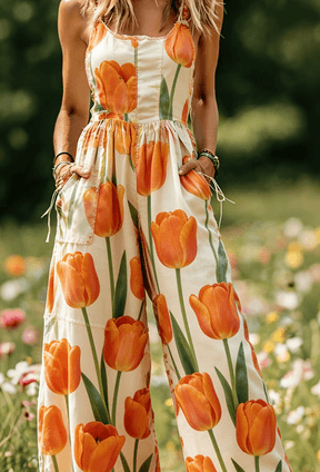 Women's American Retro Print Strappy Wide-Leg Jumpsuit