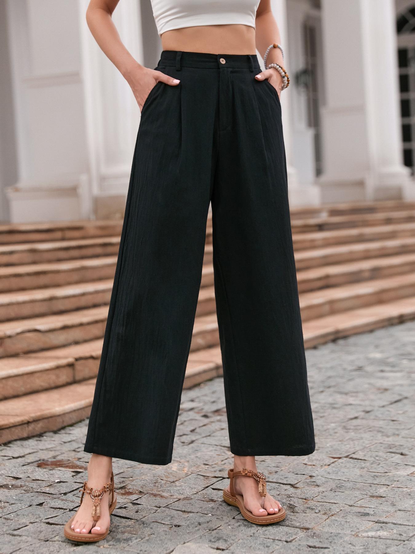 Solid-color Chic Linen Wide-leg Womens Summer High-waisted Draping Casual Pants