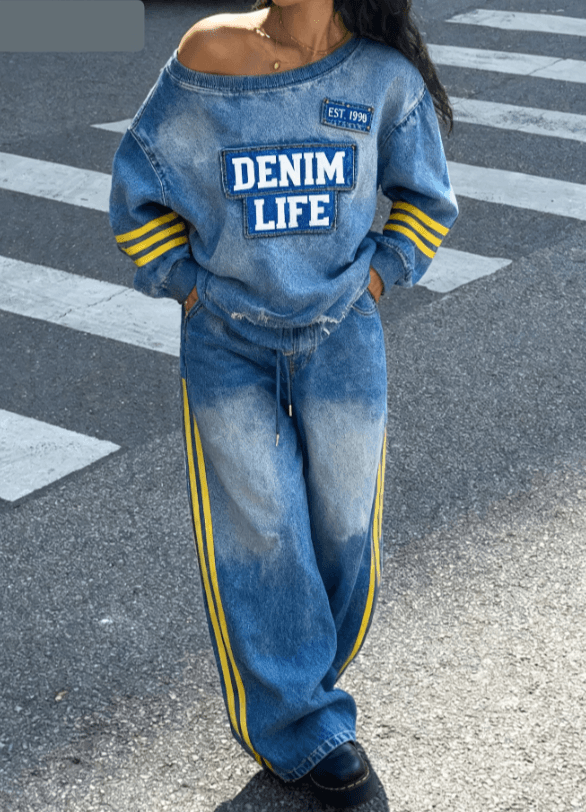 Distressed Denim Off-shoulder Letter Patch Casual Long-sleeved Wide-leg Pants Two-piece Set
