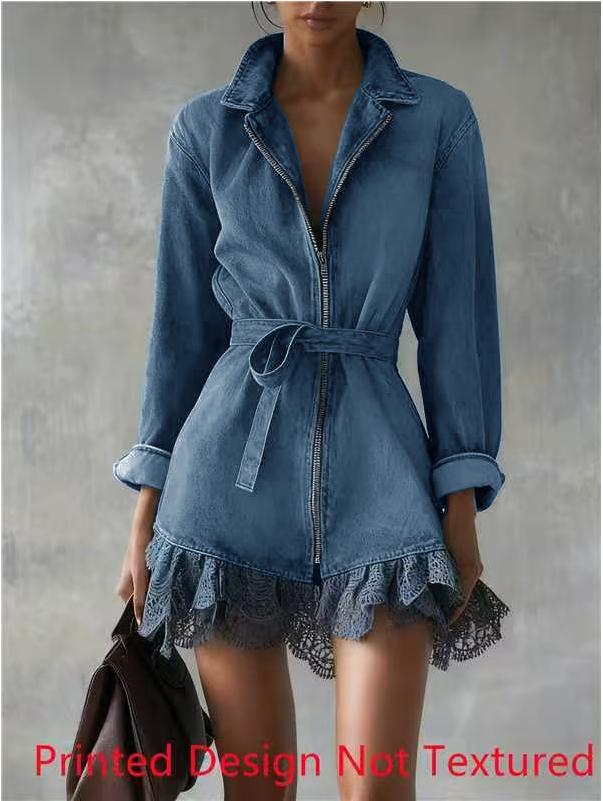 Lace-paneled Waist-cinching Zippered Denim Dress