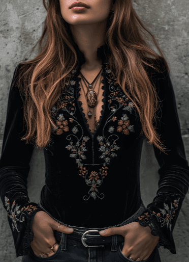 Vintage Court-style Embroidered V-neck Long-sleeve Top