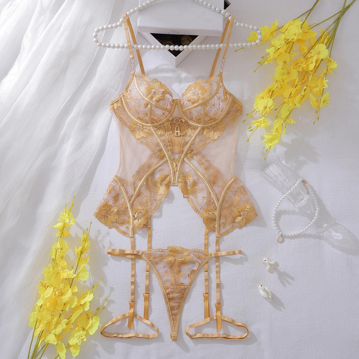 Bra Set Mesh See-through Thin Lace Underwear Three-piece Set