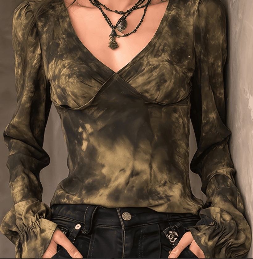 Tie-dye V-neck Crossover Slim-fit Bell Sleeve Top Women's Long-sleeved Retro Style Shirt