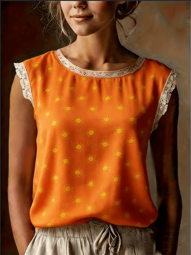 French Ditsy Floral Lace Flutter Sleeveless Blouse
