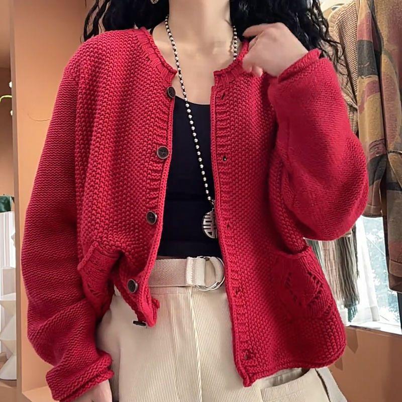 Women's Solid Color Round Neck Long Sleeve Knitted Sweater Coat