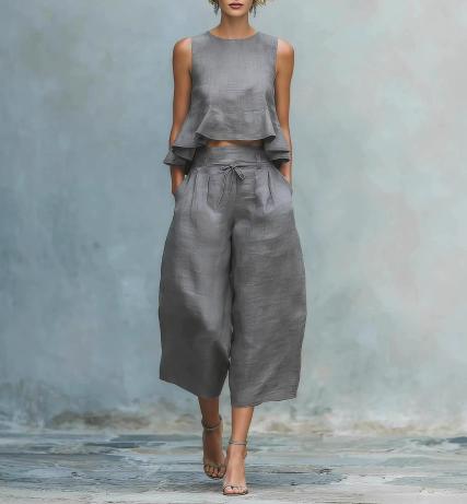 Ruffled Suits Summer Round Neck Sleeveless Top And Loose Wide-leg Pants Casual Fashion Straight Trouser Set