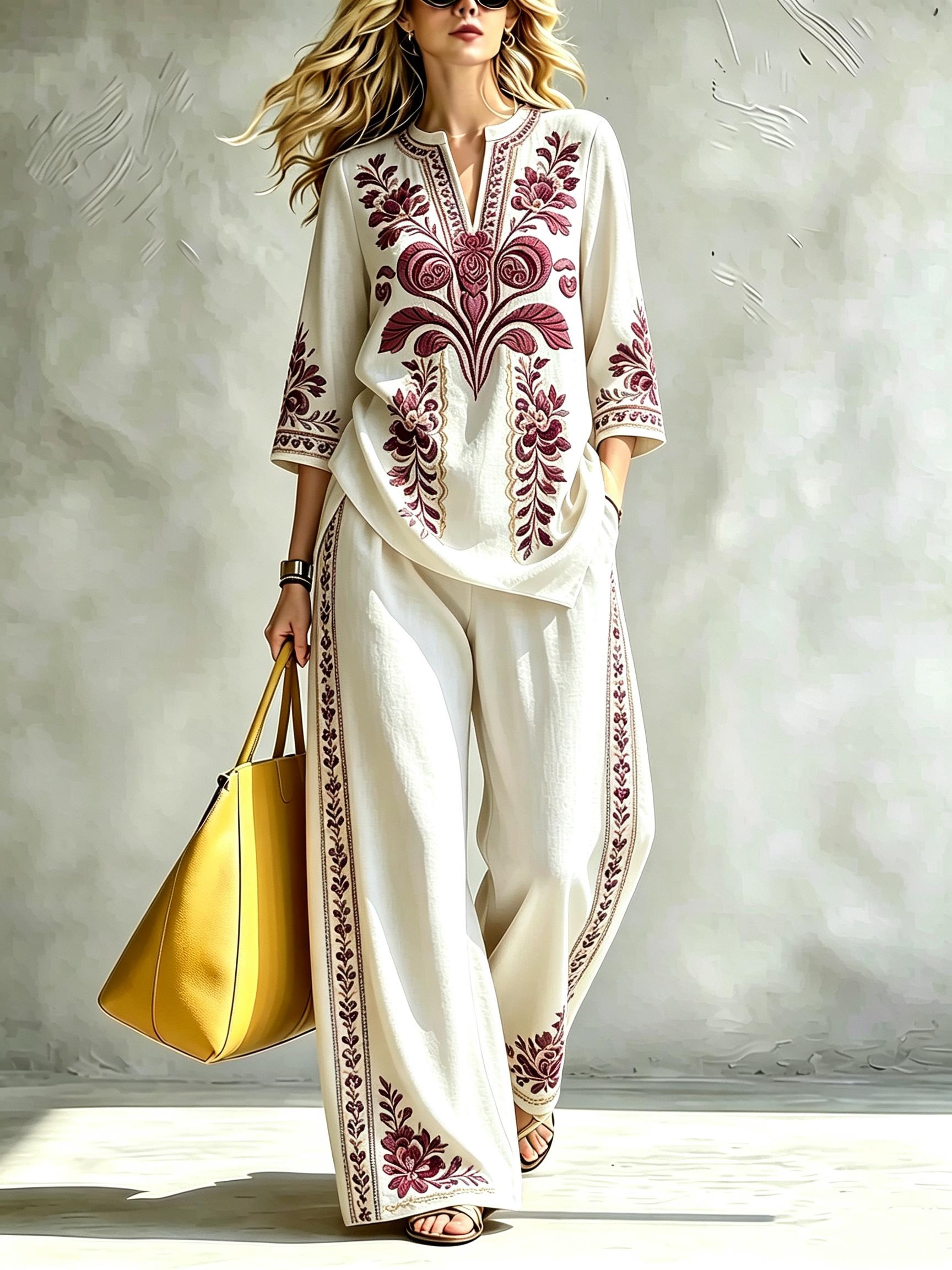 Womens Casual V-neck Three-quarter-sleeve Set With Collar